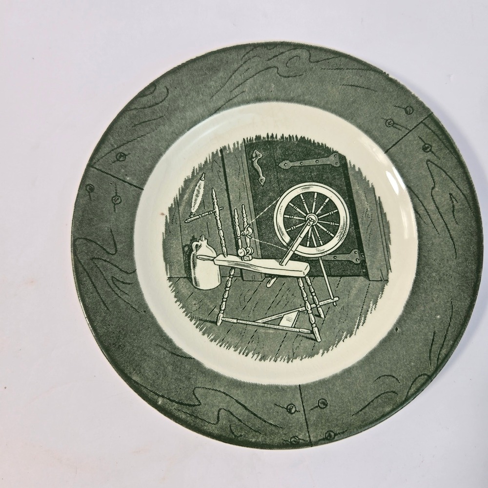 Royal China Colonial Homestead Green Spinning Wheel Bread Plate 6.25in Vintage